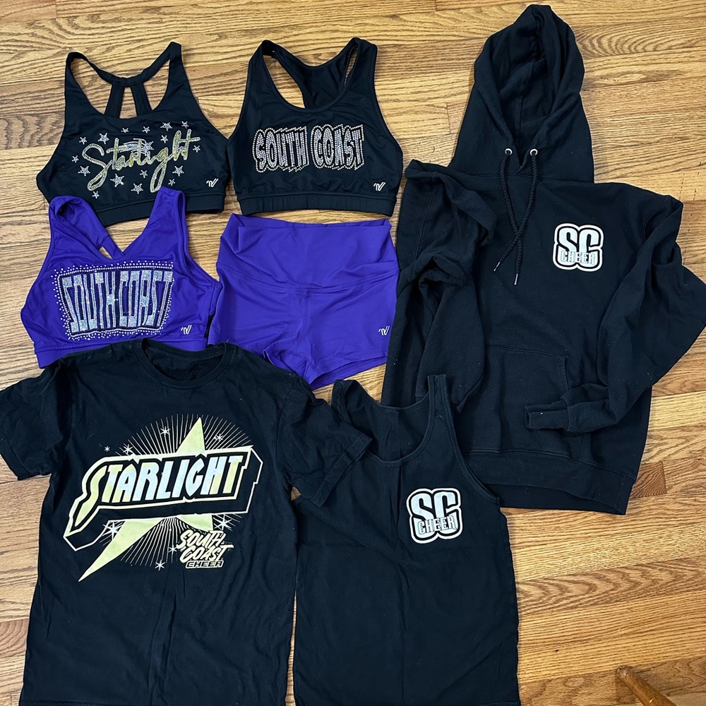 SC South Coast Cheer Varsity Athletic Shorts + Black & Purple Sports Bras Set